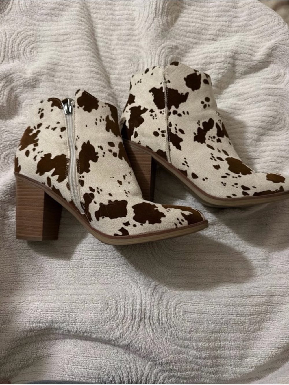 MIA Cow-Print Block Heel Ankle Boots - Cream & Brown